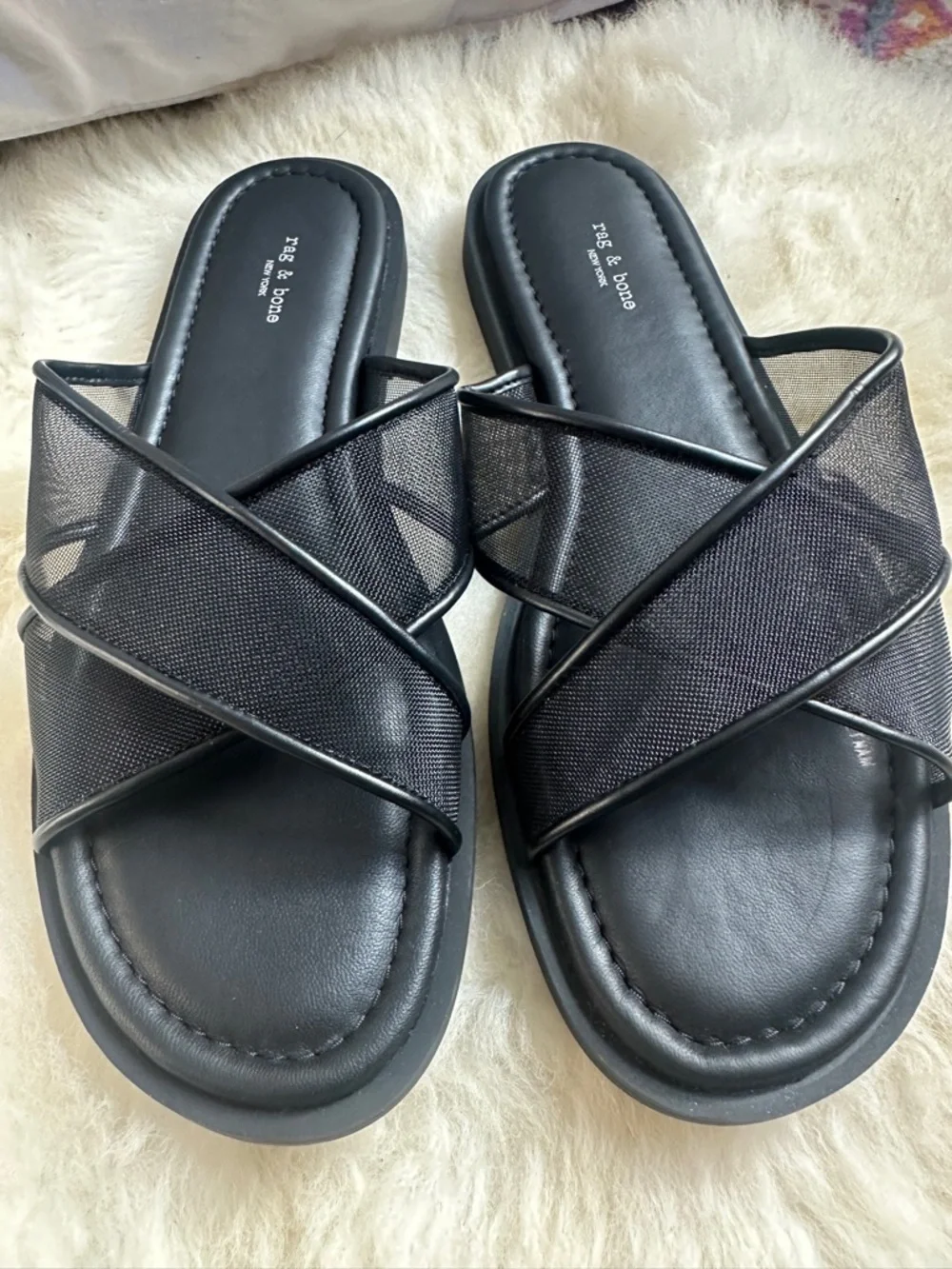Rag & Bone Geo Mesh Cross Strap Sandals Black Slide Leather Trim Cushioned NEW
